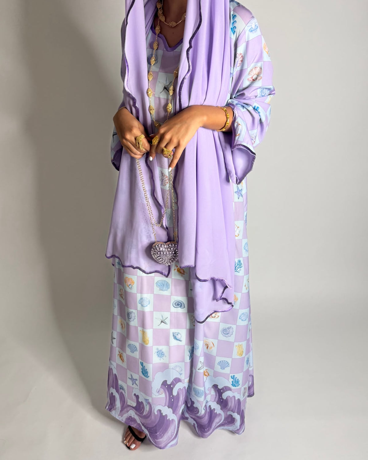 A679 - Lilac Purple & Baby Blue Waves Checkered Jalabiya & Matching Head Scarf