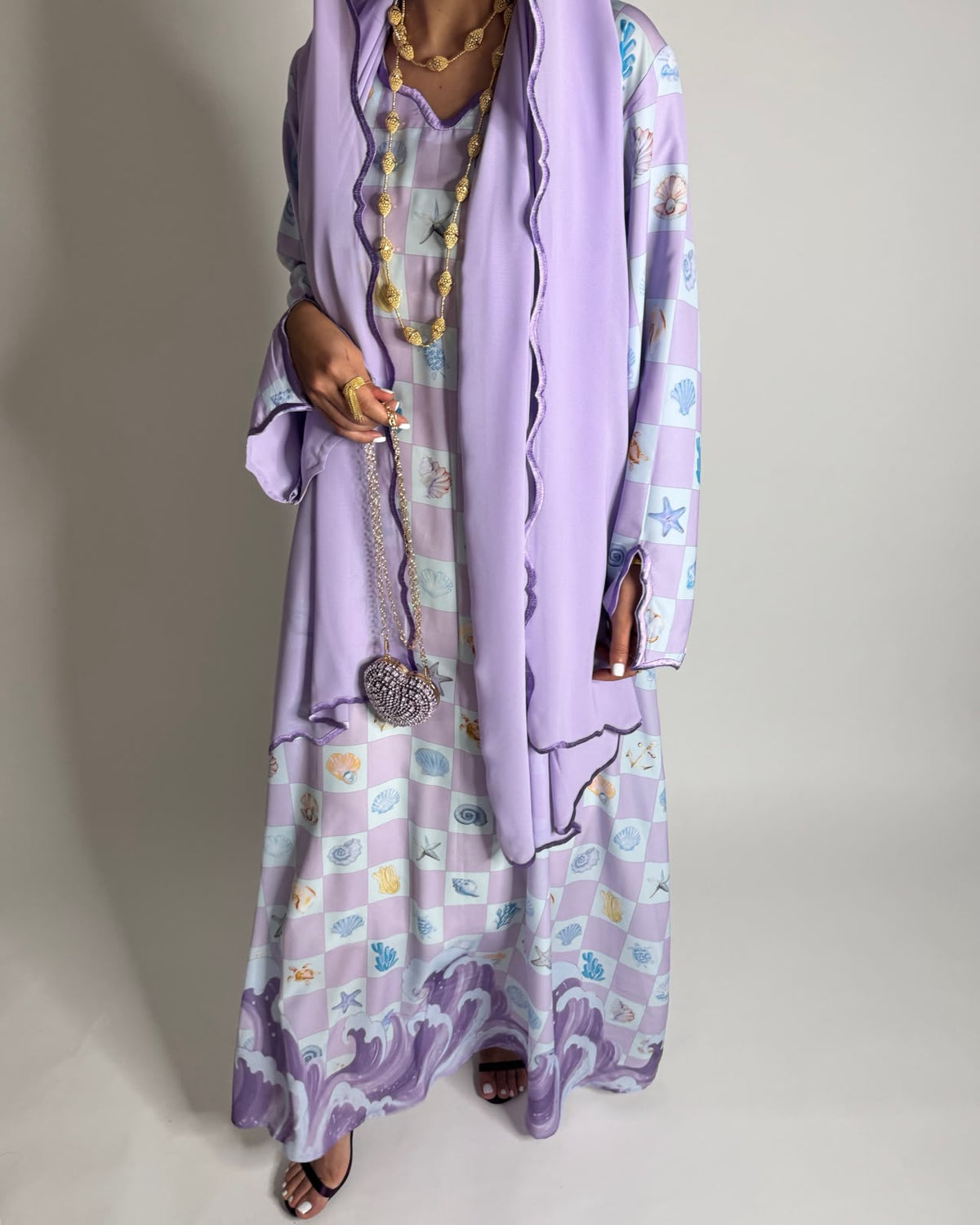A679 - Lilac Purple & Baby Blue Waves Checkered Jalabiya & Matching Head Scarf