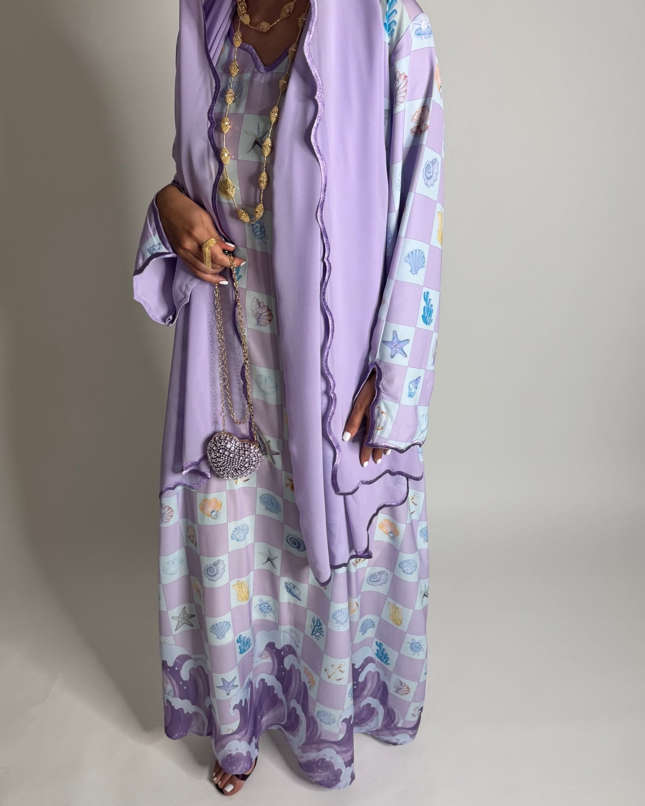 A679 - Lilac Purple & Baby Blue Waves Checkered Jalabiya & Matching Head Scarf
