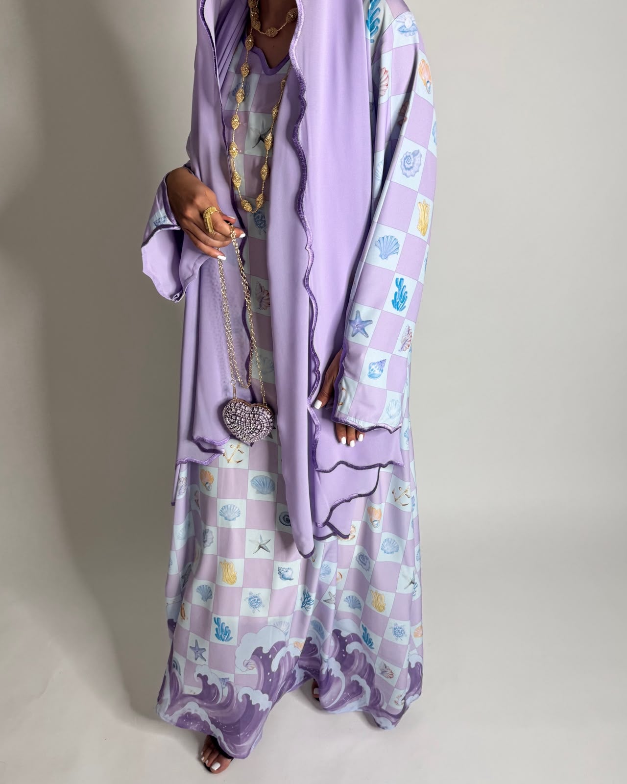 A679 - Lilac Purple & Baby Blue Waves Checkered Jalabiya & Matching Head Scarf