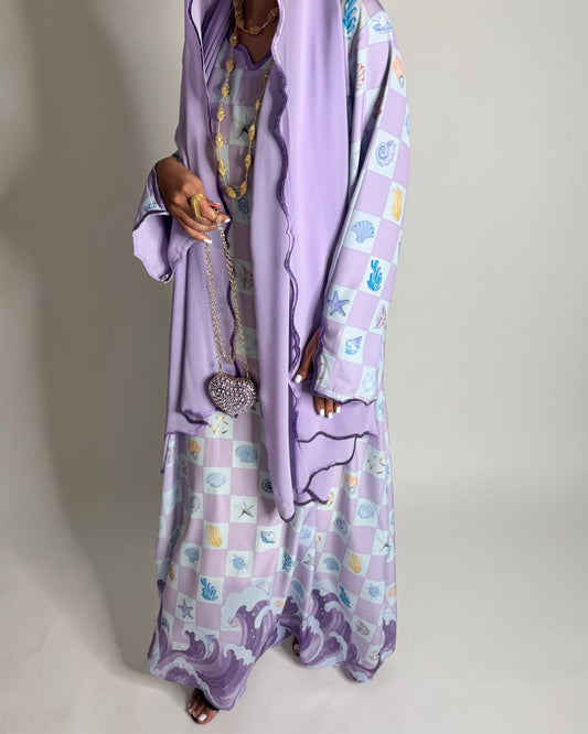 A679 - Lilac Purple & Baby Blue Waves Checkered Jalabiya & Matching Head Scarf