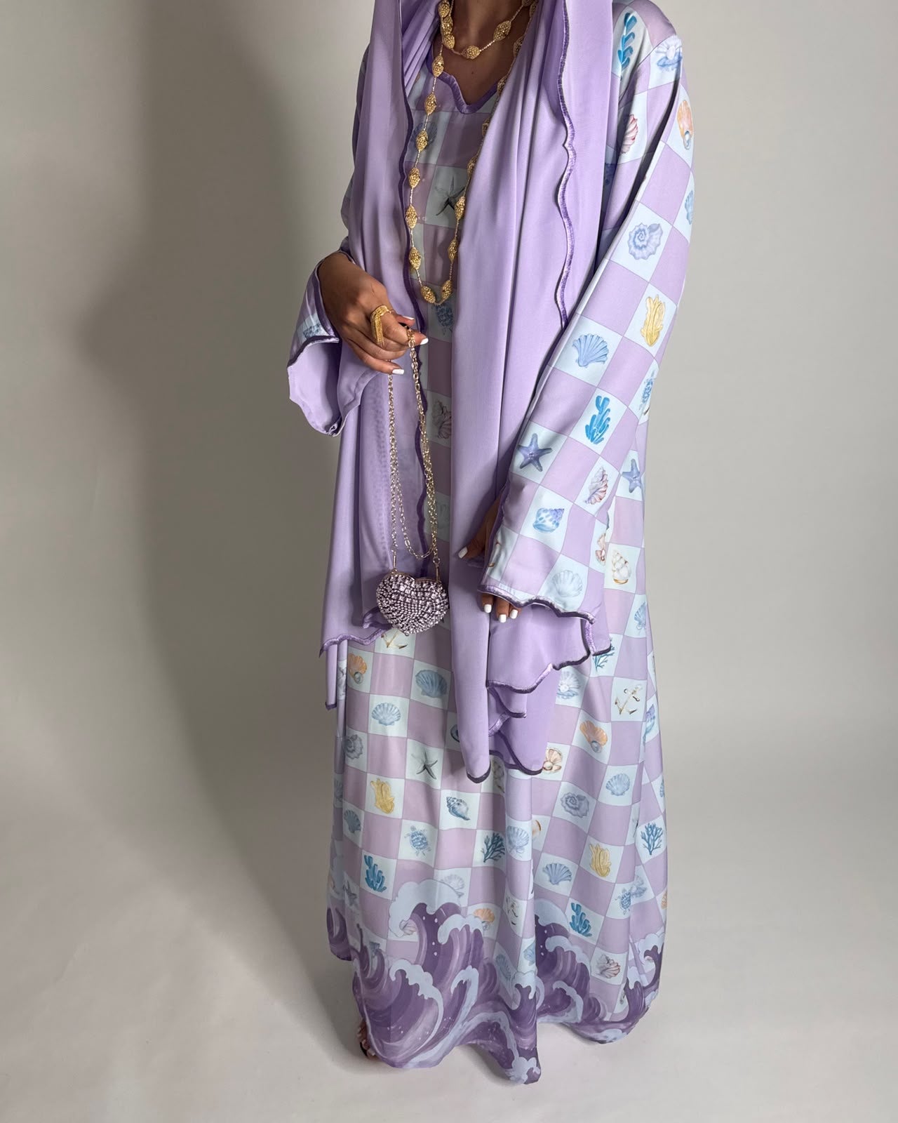 A679 - Lilac Purple & Baby Blue Waves Checkered Jalabiya & Matching Head Scarf