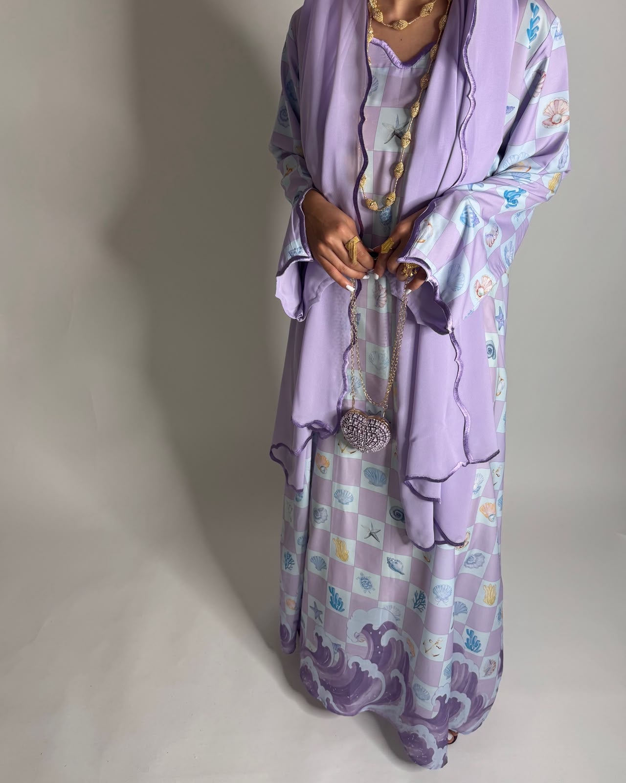 A679 - Lilac Purple & Baby Blue Waves Checkered Jalabiya & Matching Head Scarf