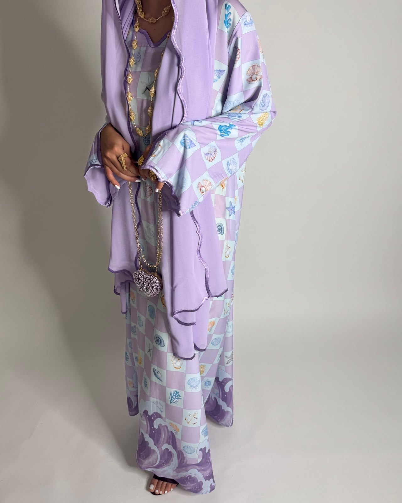 A679 - Lilac Purple & Baby Blue Waves Checkered Jalabiya & Matching Head Scarf
