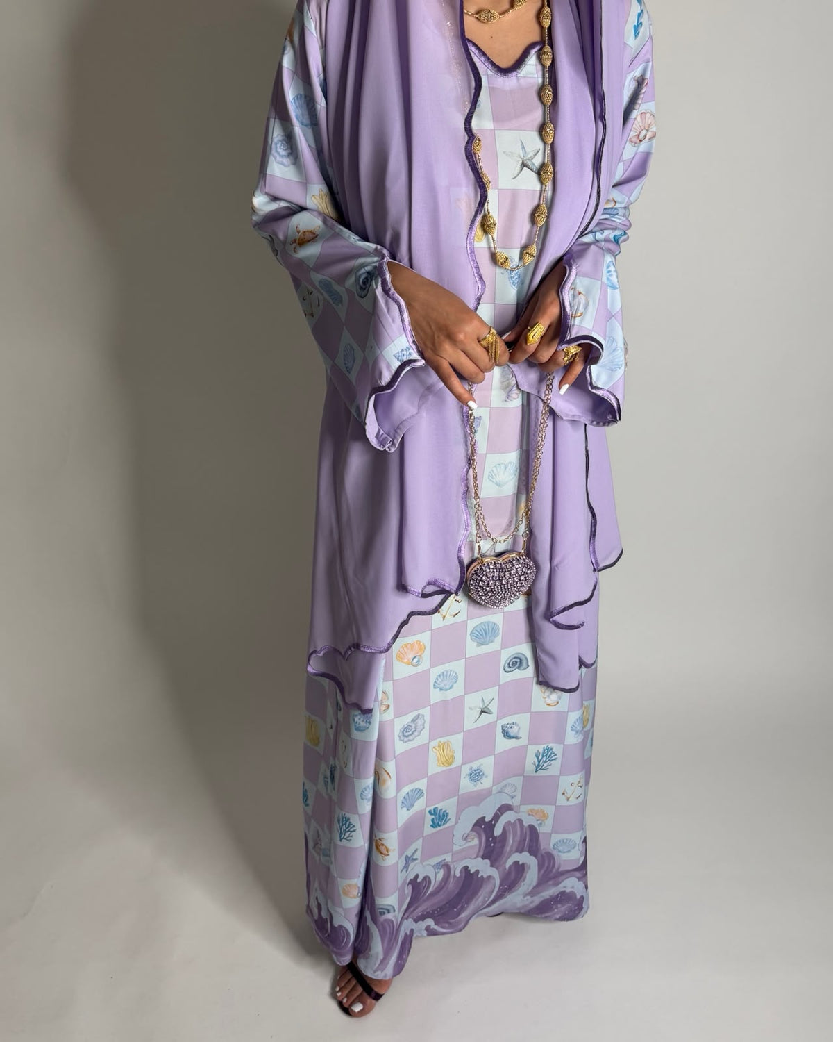 A679 - Lilac Purple & Baby Blue Waves Checkered Jalabiya & Matching Head Scarf