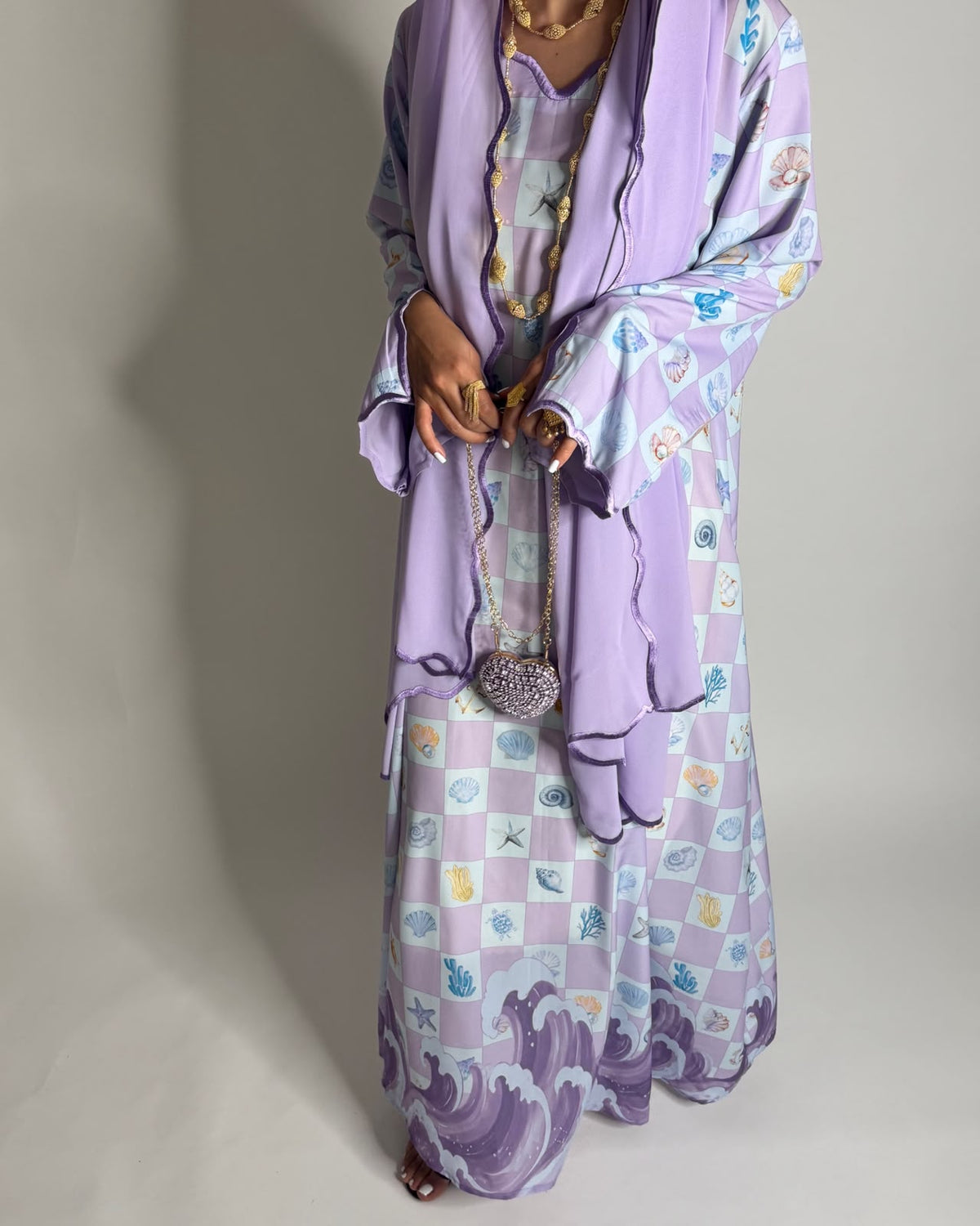 A679 - Lilac Purple & Baby Blue Waves Checkered Jalabiya & Matching Head Scarf