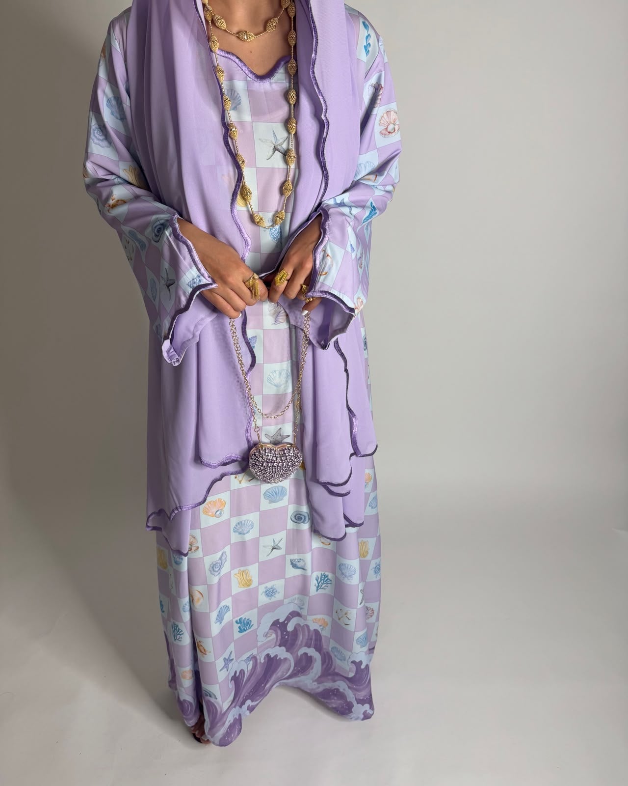 A679 - Lilac Purple & Baby Blue Waves Checkered Jalabiya & Matching Head Scarf
