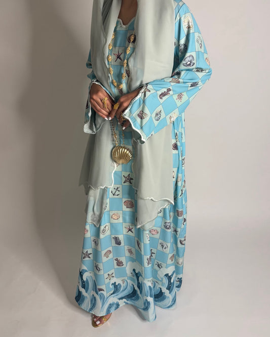 A676 - Blue & Green Waves Checkered Jalabiya & Matching Head Scarf