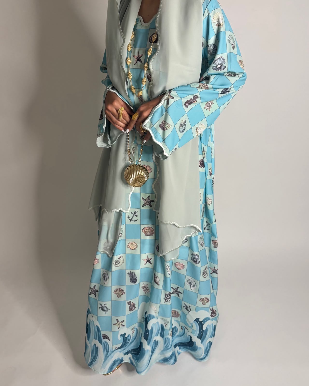 A676 - Blue & Green Waves Checkered Jalabiya & Matching Head Scarf