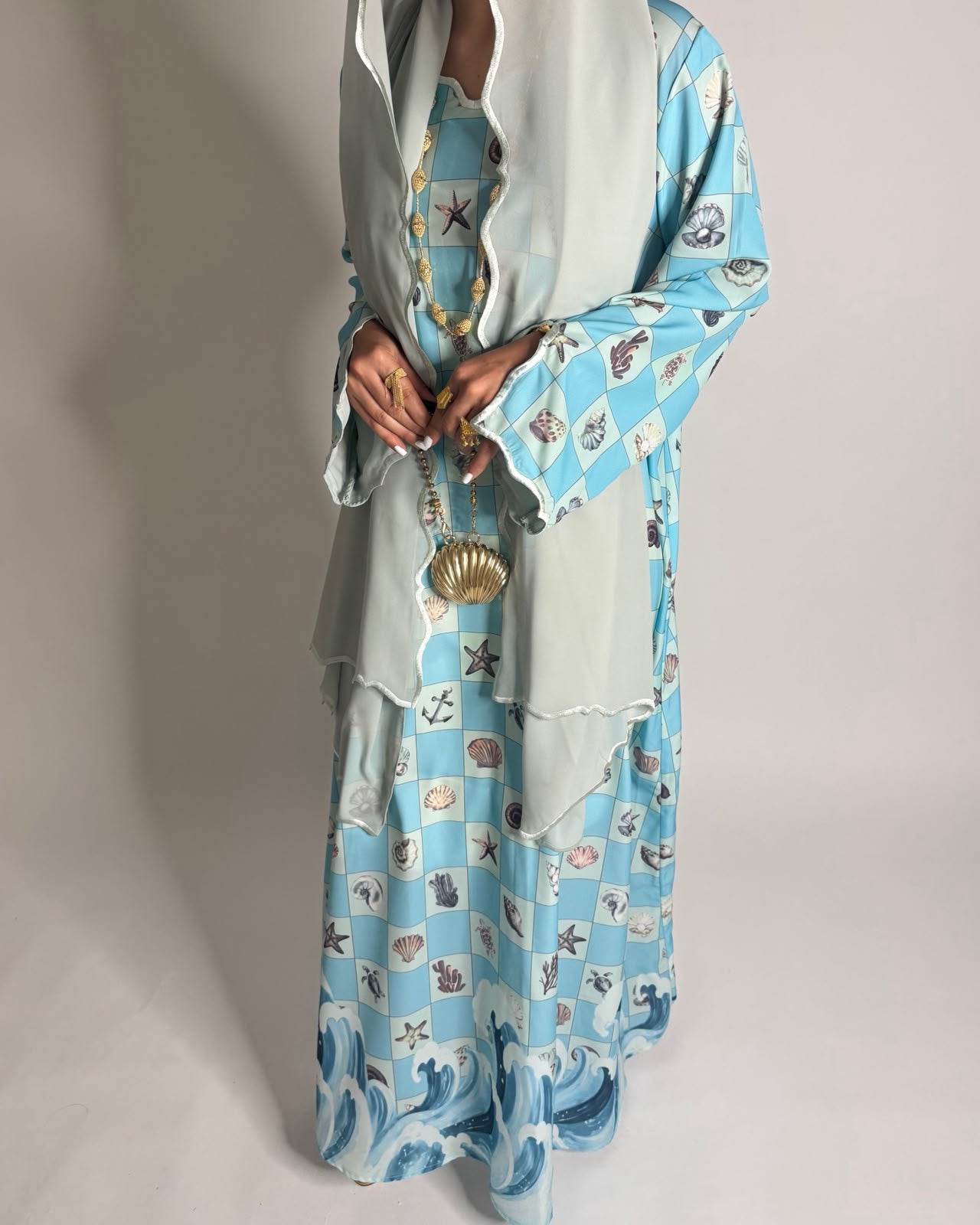 A676 - Blue & Green Waves Checkered Jalabiya & Matching Head Scarf