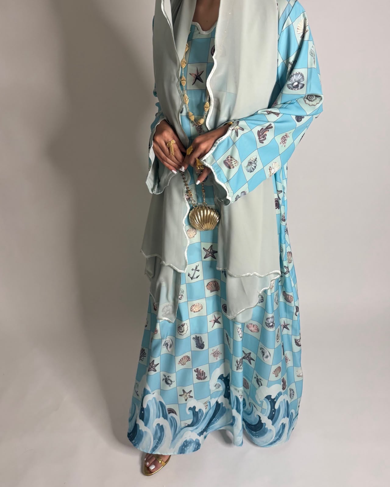 A676 - Blue & Green Waves Checkered Jalabiya & Matching Head Scarf