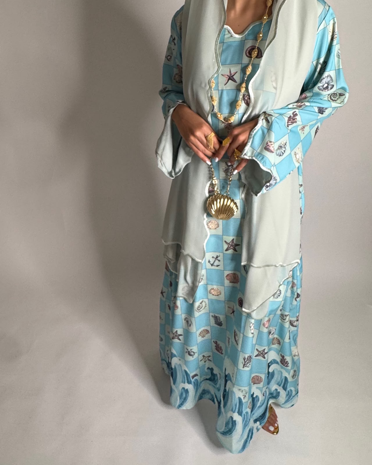 A676 - Blue & Green Waves Checkered Jalabiya & Matching Head Scarf