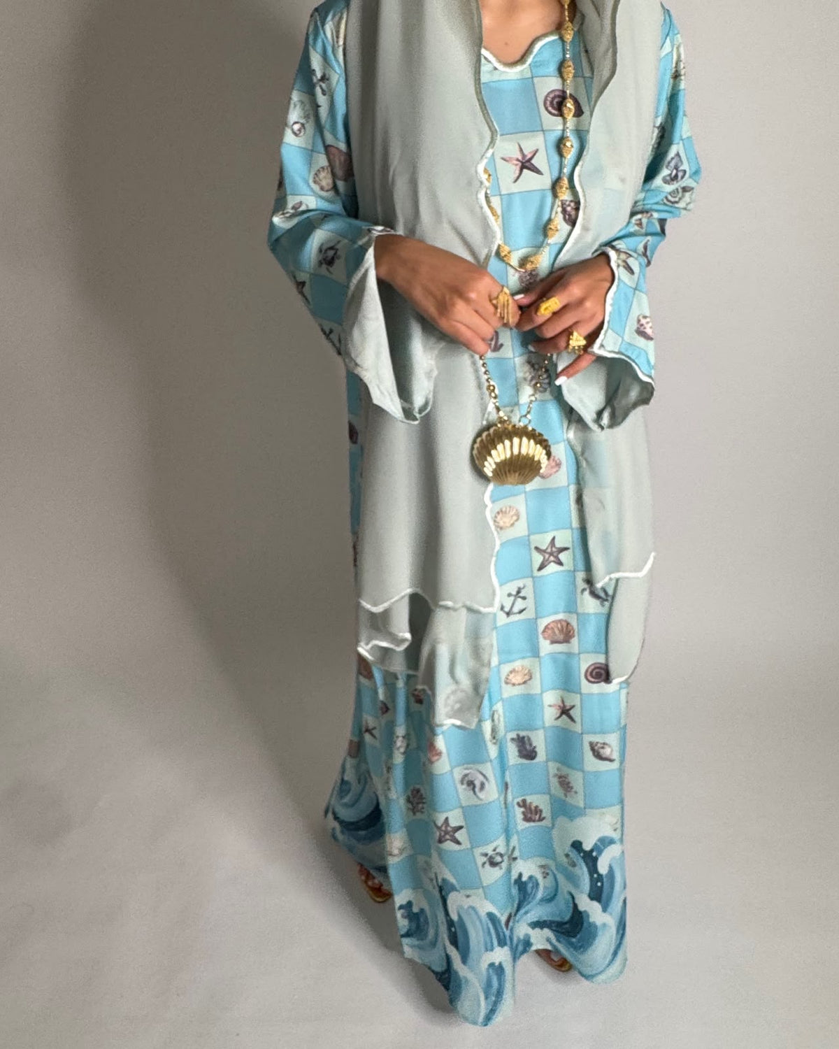 A676 - Blue & Green Waves Checkered Jalabiya & Matching Head Scarf