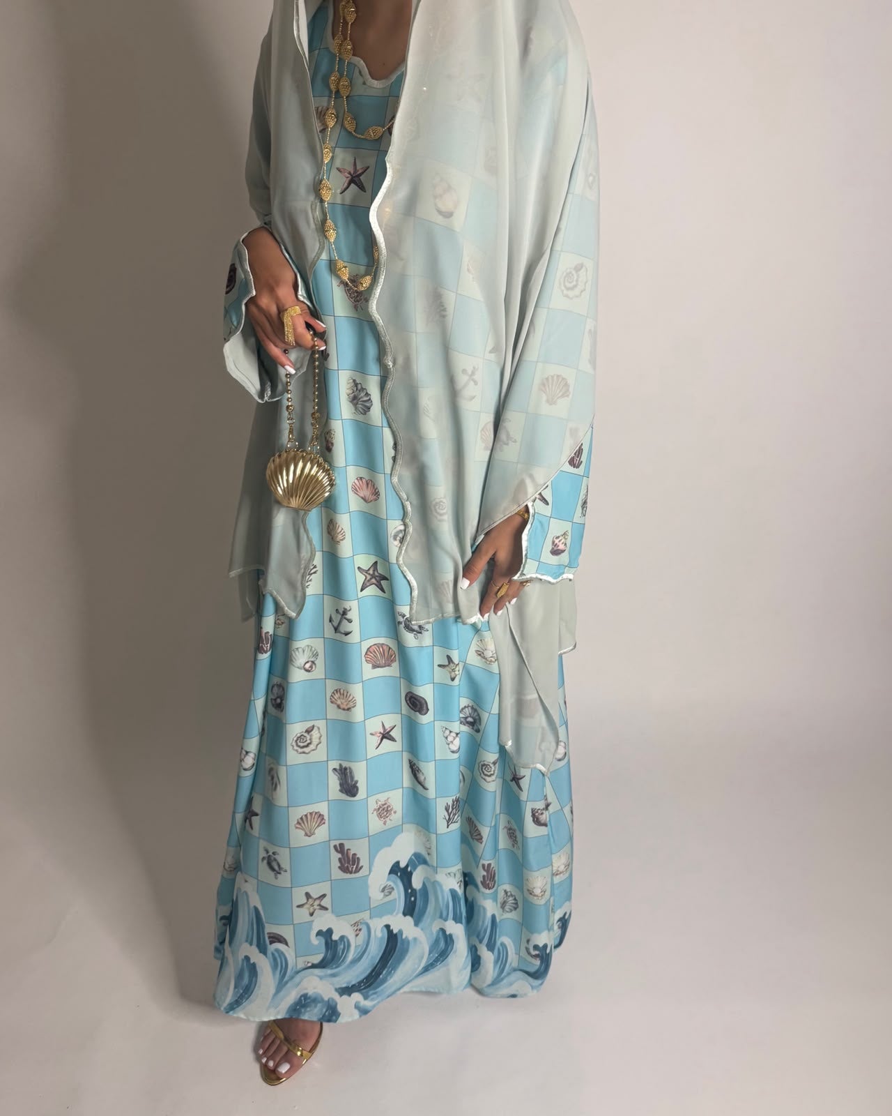 A676 - Blue & Green Waves Checkered Jalabiya & Matching Head Scarf