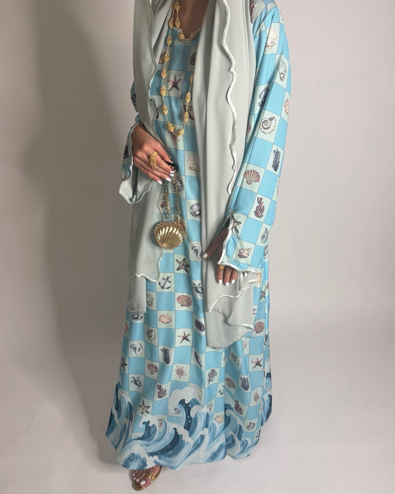 A676 - Blue & Green Waves Checkered Jalabiya & Matching Head Scarf