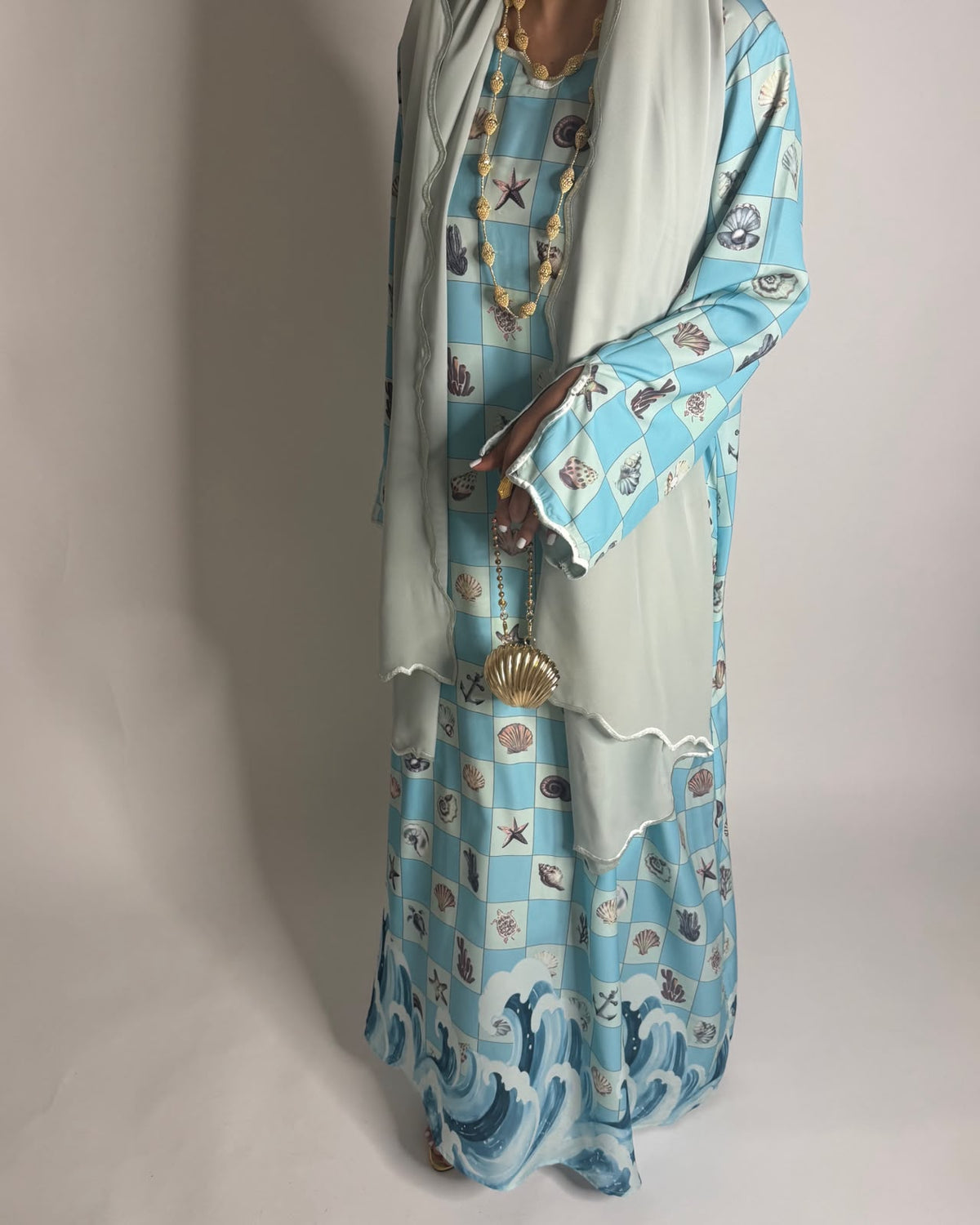 A676 - Blue & Green Waves Checkered Jalabiya & Matching Head Scarf