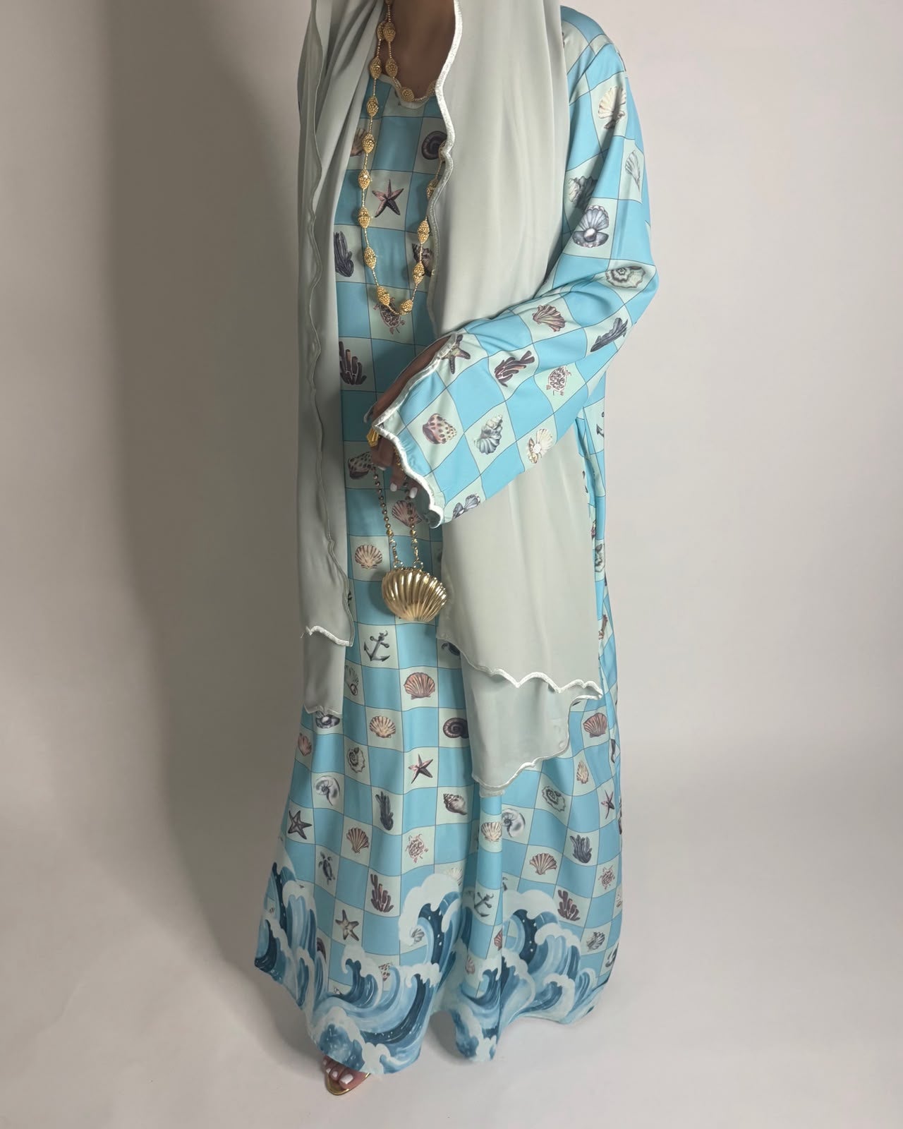 A676 - Blue & Green Waves Checkered Jalabiya & Matching Head Scarf