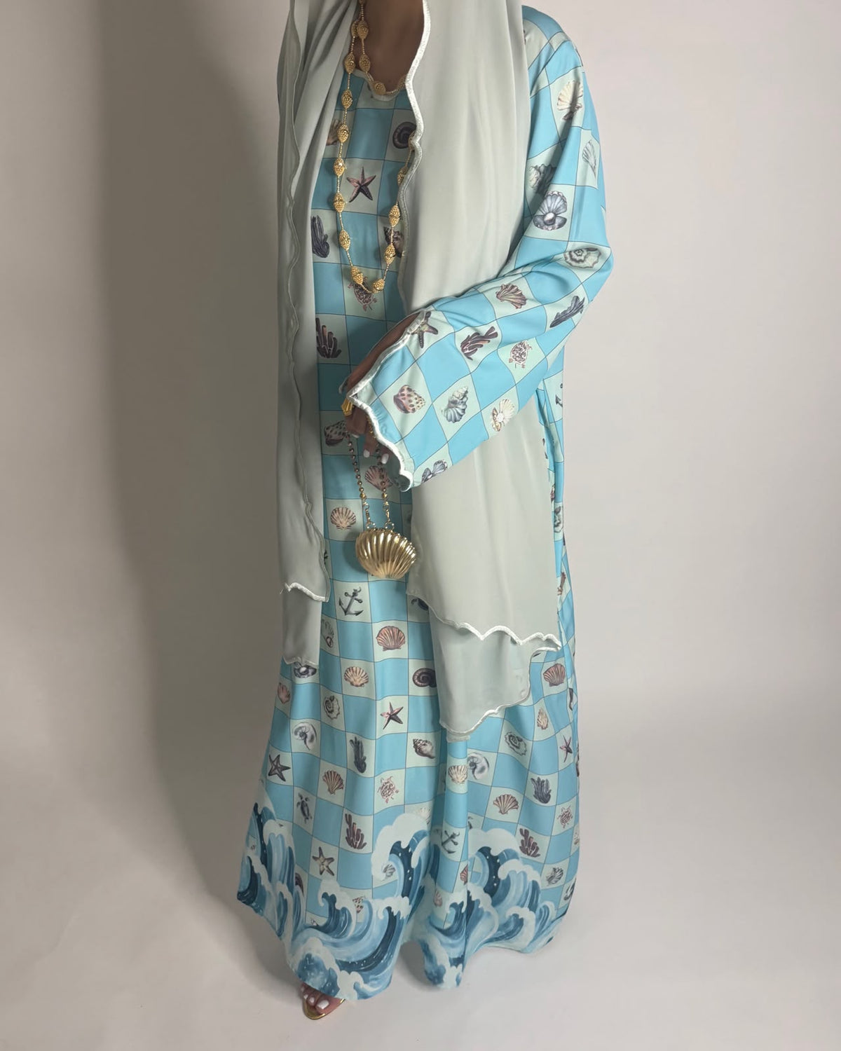 A676 - Blue & Green Waves Checkered Jalabiya & Matching Head Scarf