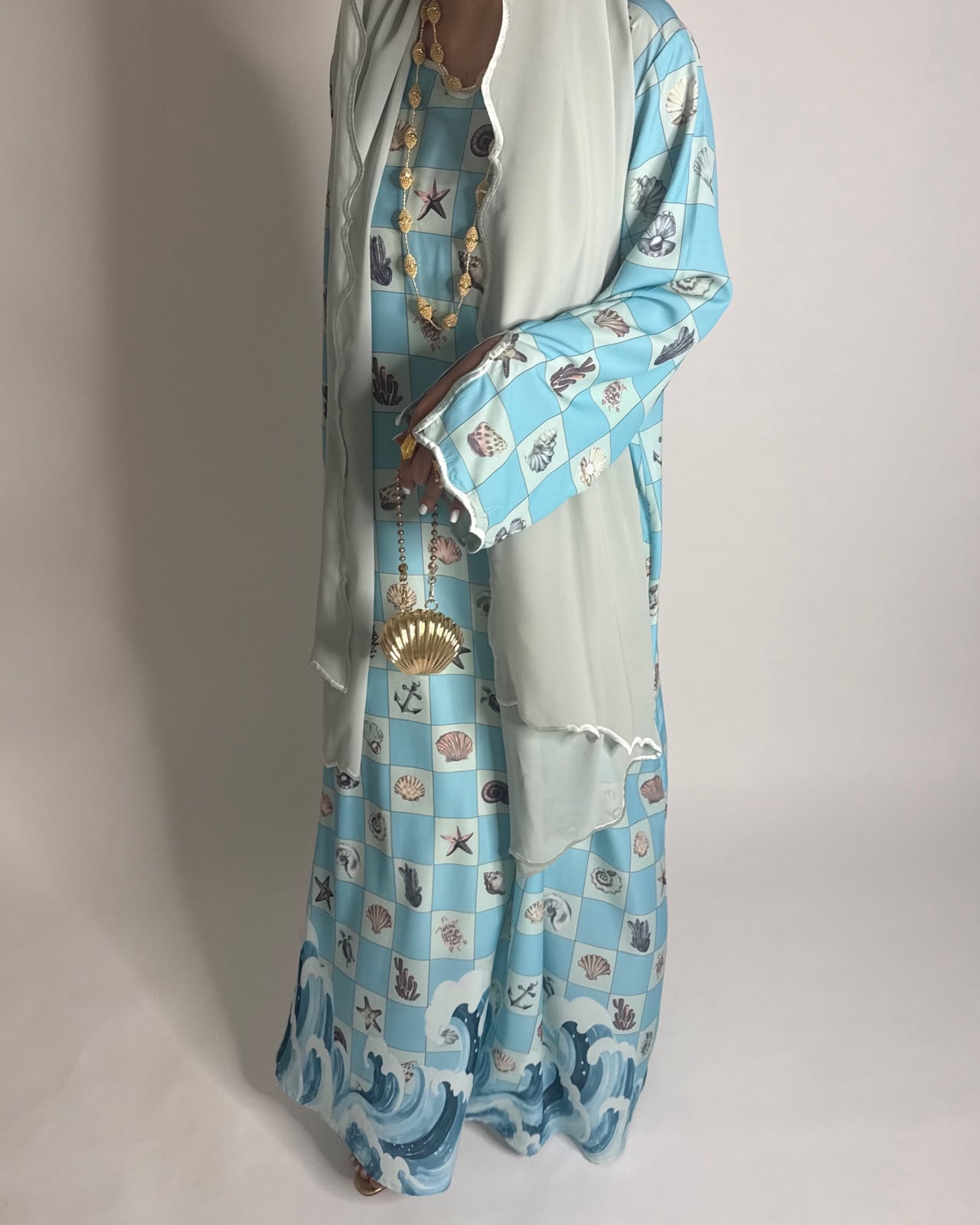 A676 - Blue & Green Waves Checkered Jalabiya & Matching Head Scarf
