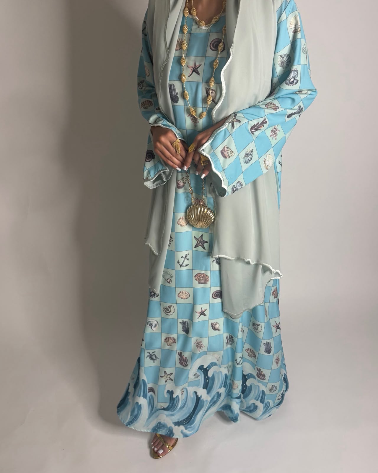 A676 - Blue & Green Waves Checkered Jalabiya & Matching Head Scarf