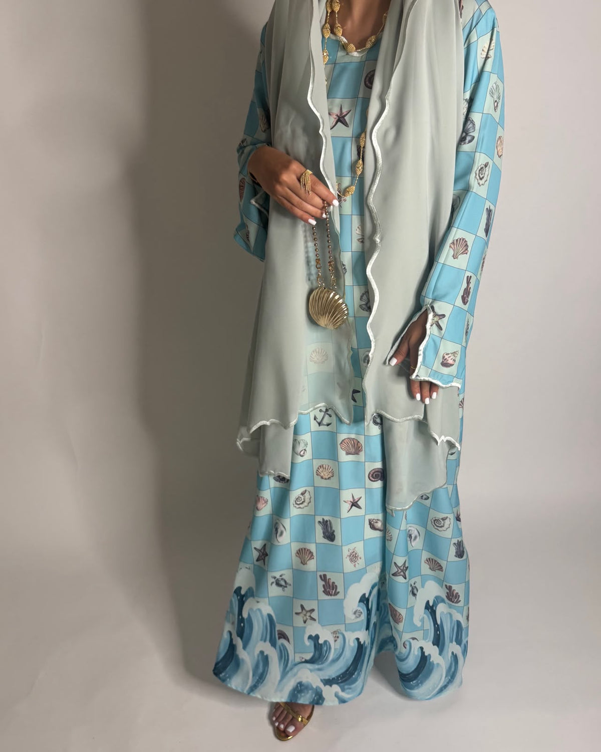 A676 - Blue & Green Waves Checkered Jalabiya & Matching Head Scarf