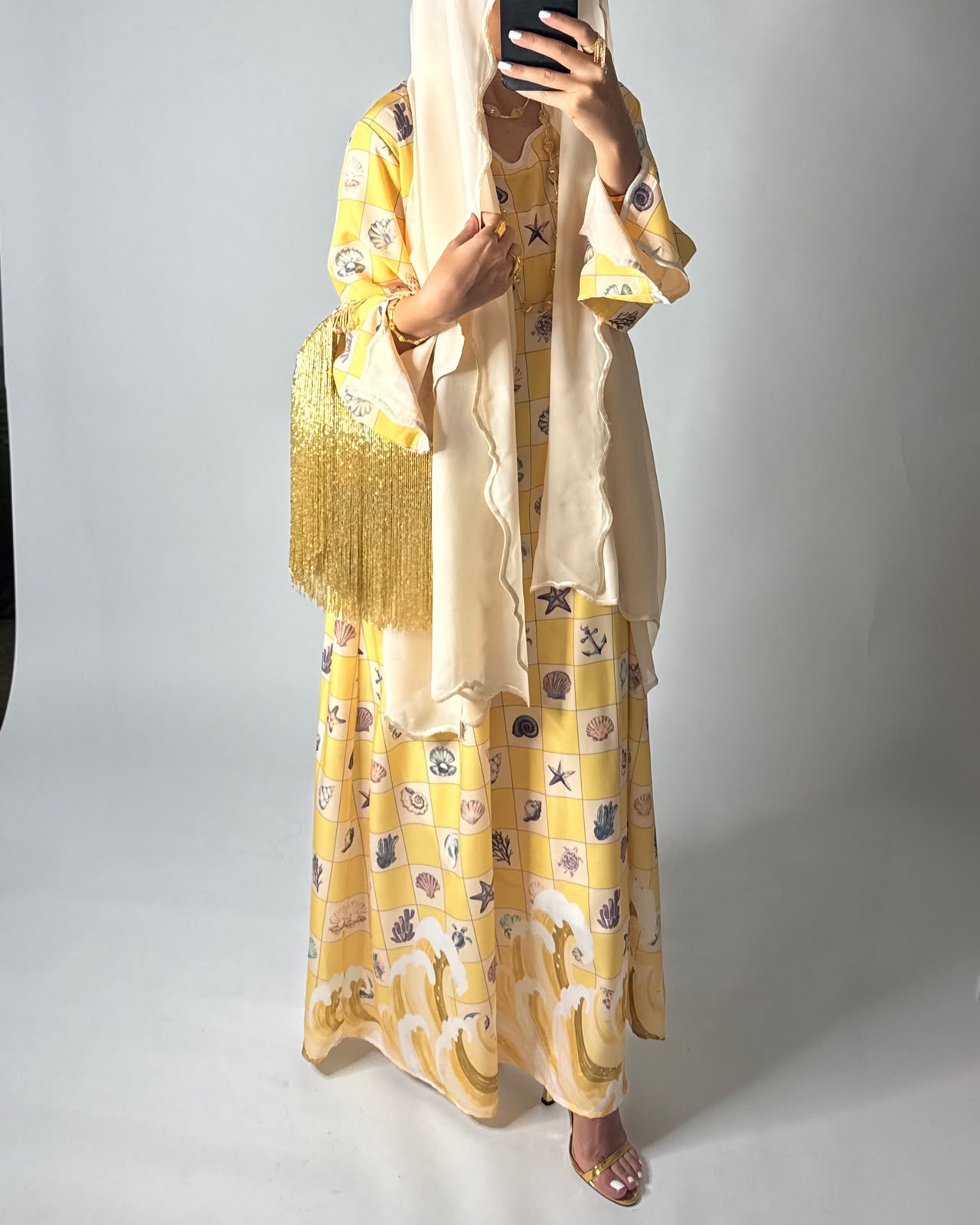 A680 - Shades of Yellow Waves Checkered Jalabiya & Matching Head Scarf