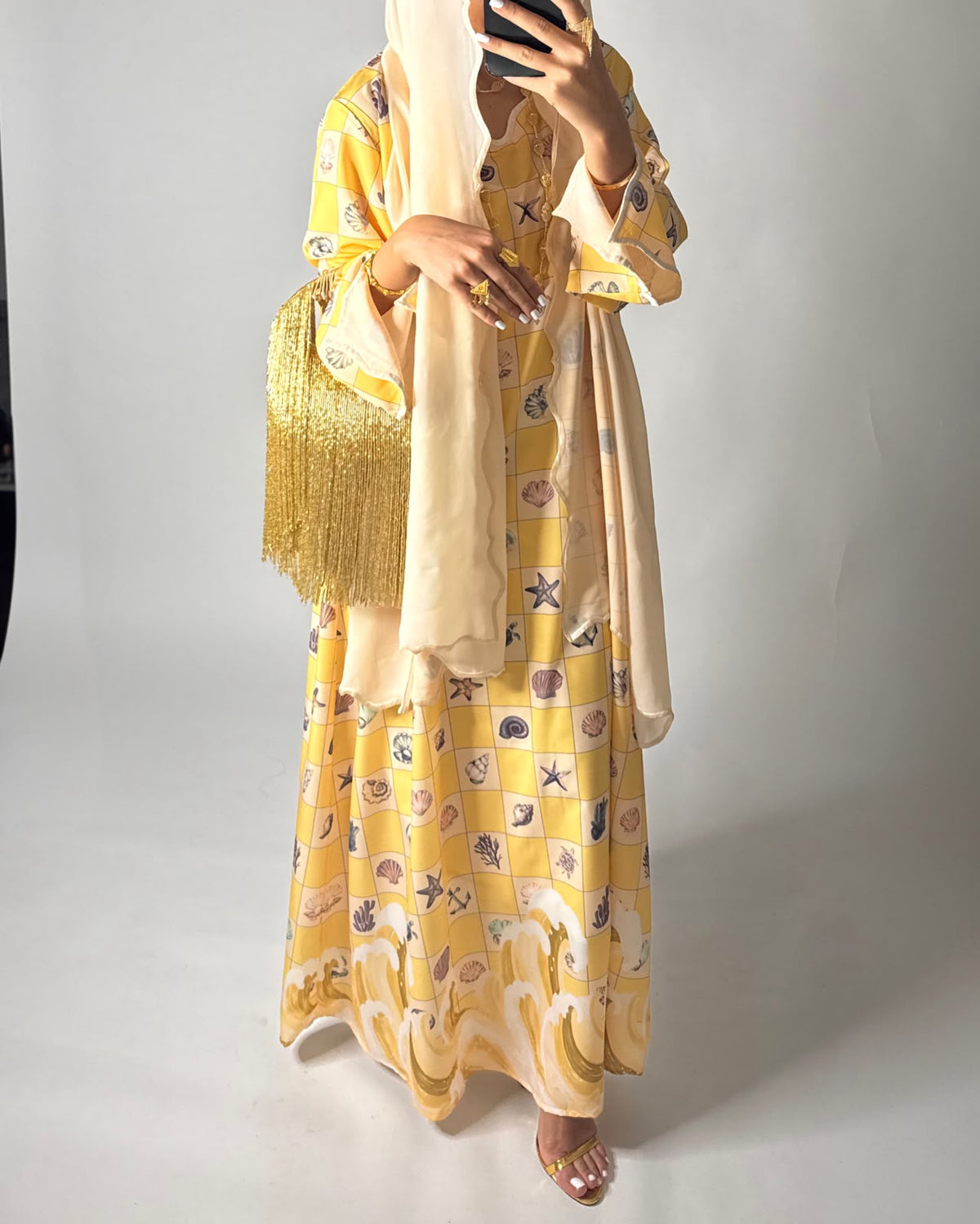 A680 - Shades of Yellow Waves Checkered Jalabiya & Matching Head Scarf