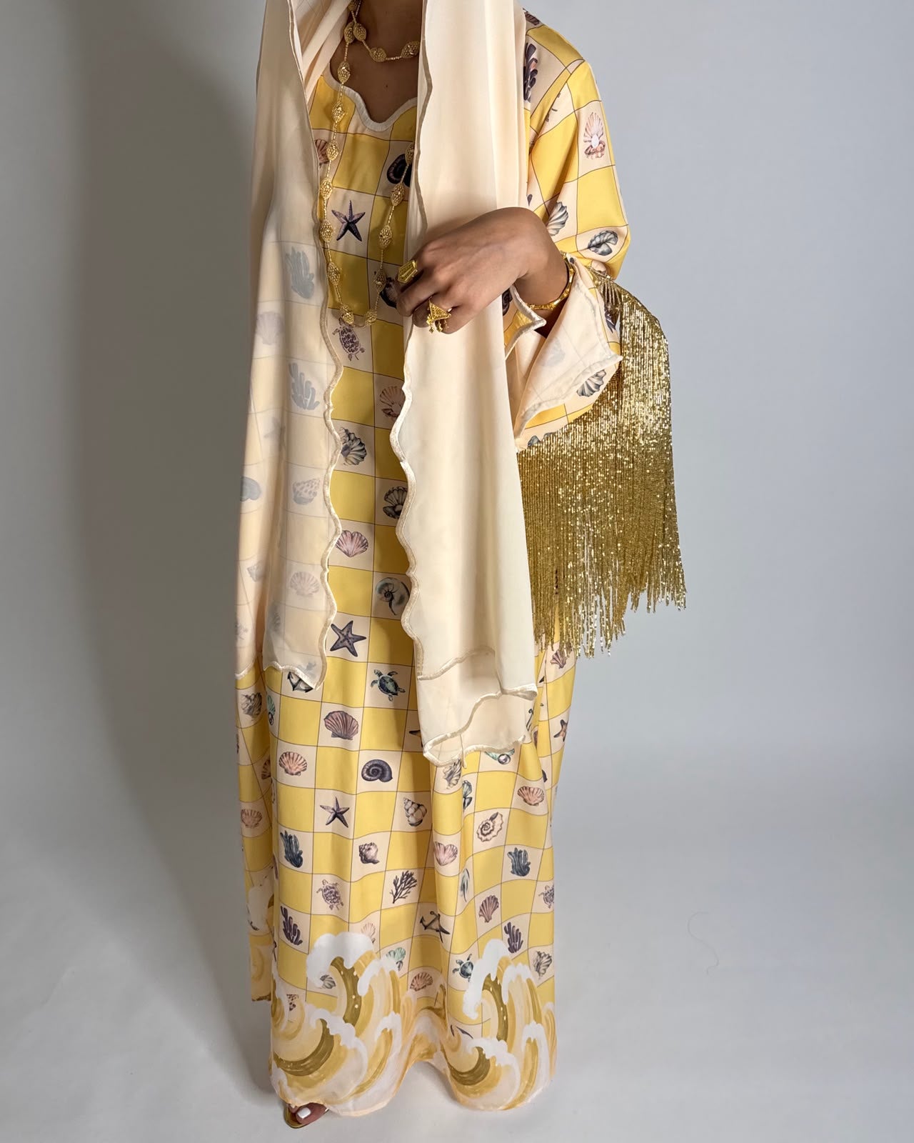 A680 - Shades of Yellow Waves Checkered Jalabiya & Matching Head Scarf