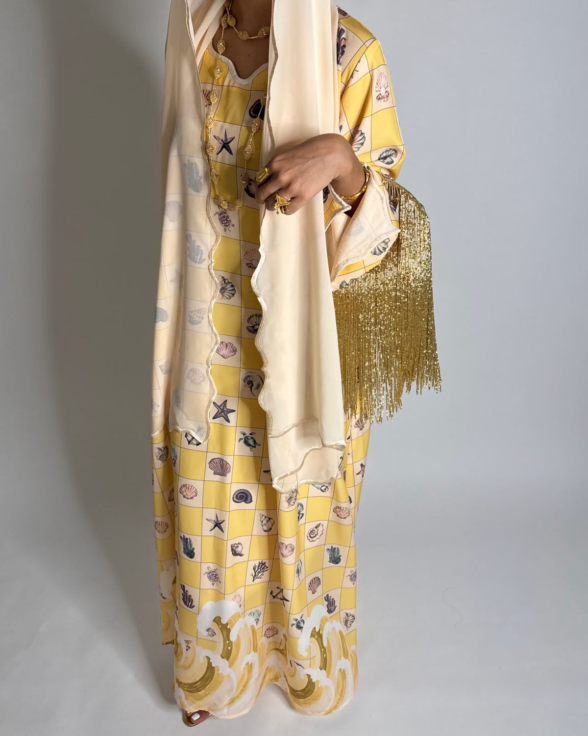 A680 - Shades of Yellow Waves Checkered Jalabiya & Matching Head Scarf