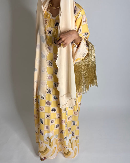 A680 - Shades of Yellow Waves Checkered Jalabiya & Matching Head Scarf