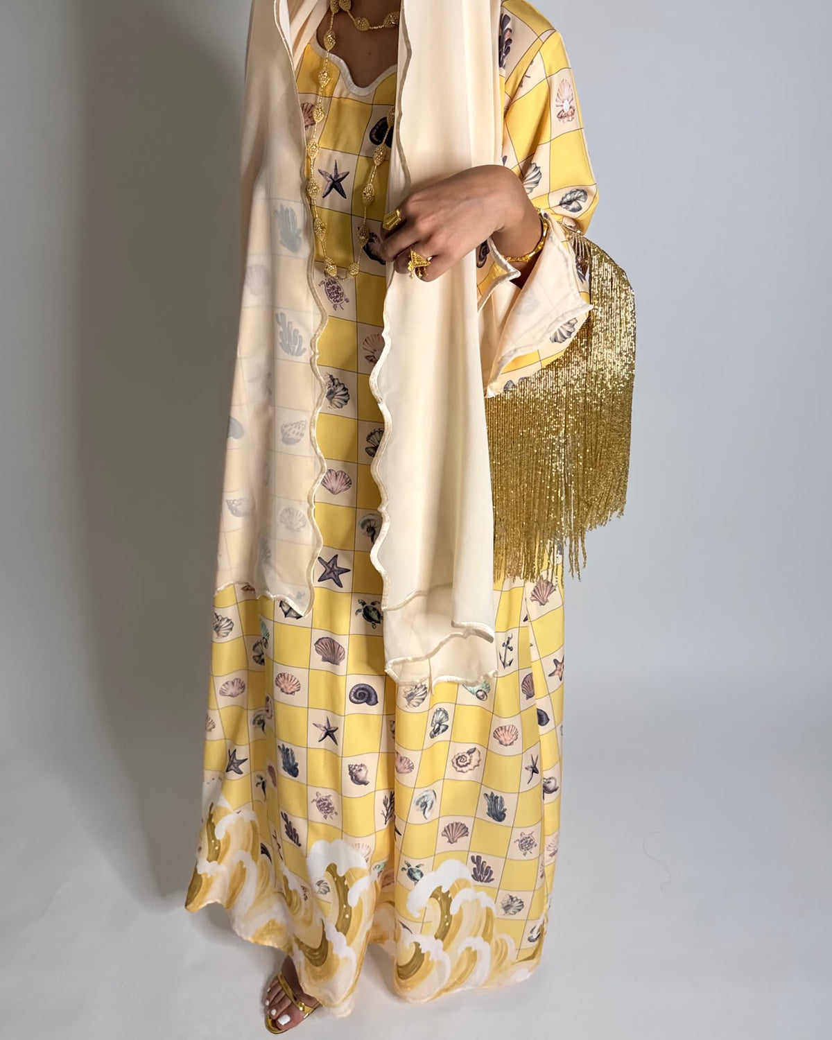 A680 - Shades of Yellow Waves Checkered Jalabiya & Matching Head Scarf