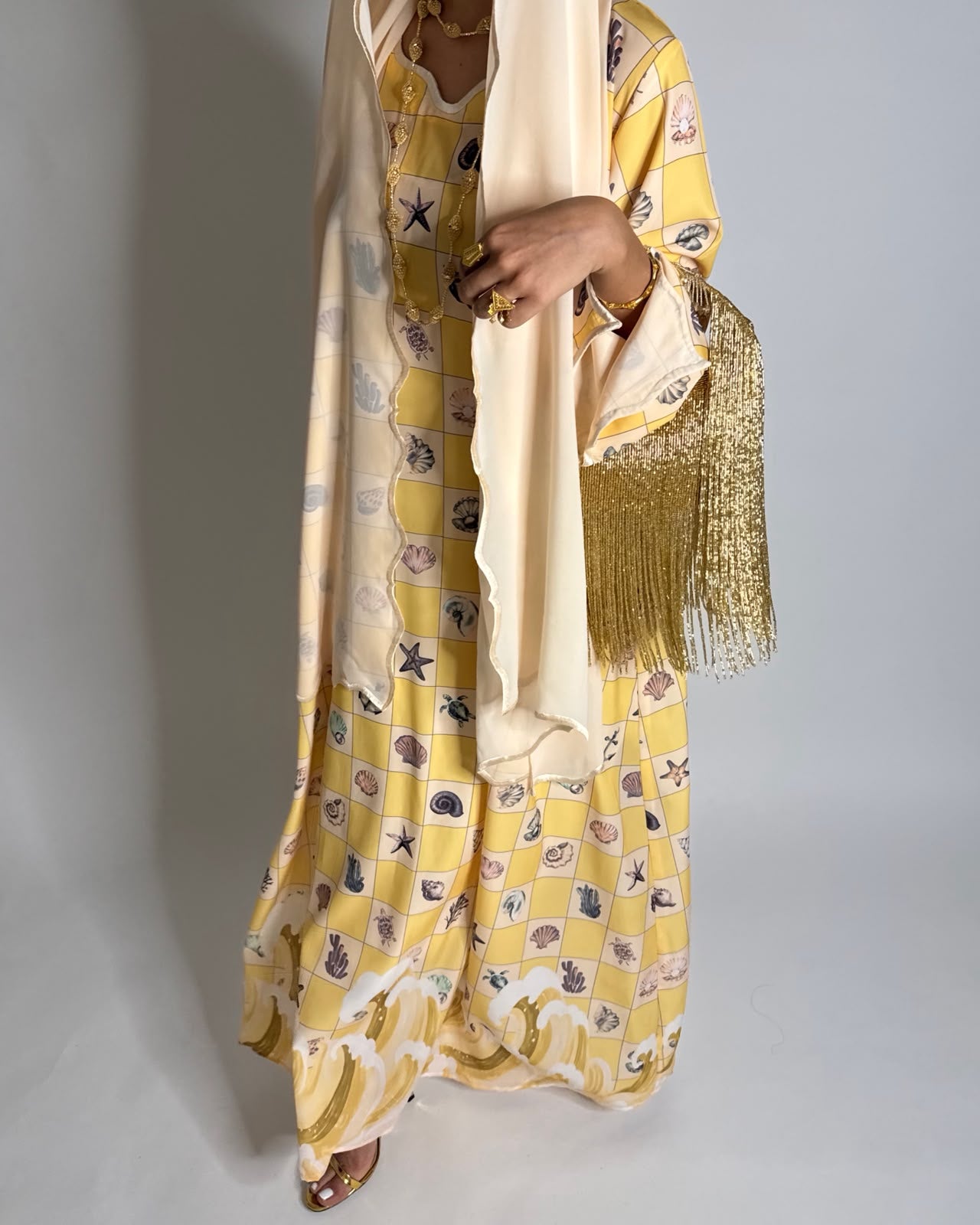 A680 - Shades of Yellow Waves Checkered Jalabiya & Matching Head Scarf