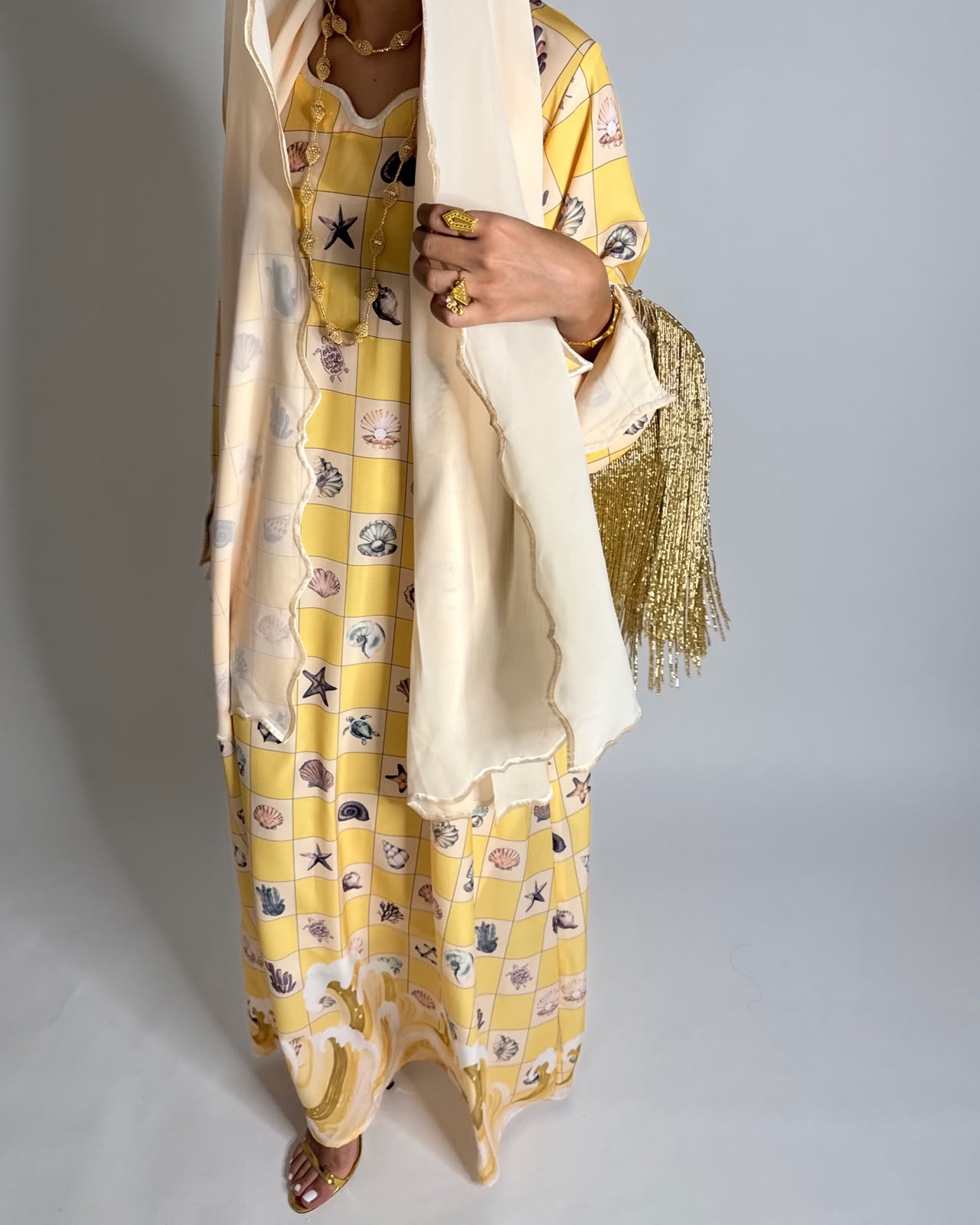 A680 - Shades of Yellow Waves Checkered Jalabiya & Matching Head Scarf