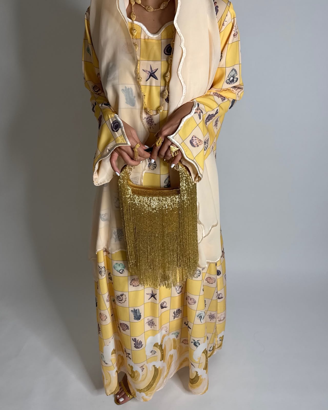 A680 - Shades of Yellow Waves Checkered Jalabiya & Matching Head Scarf