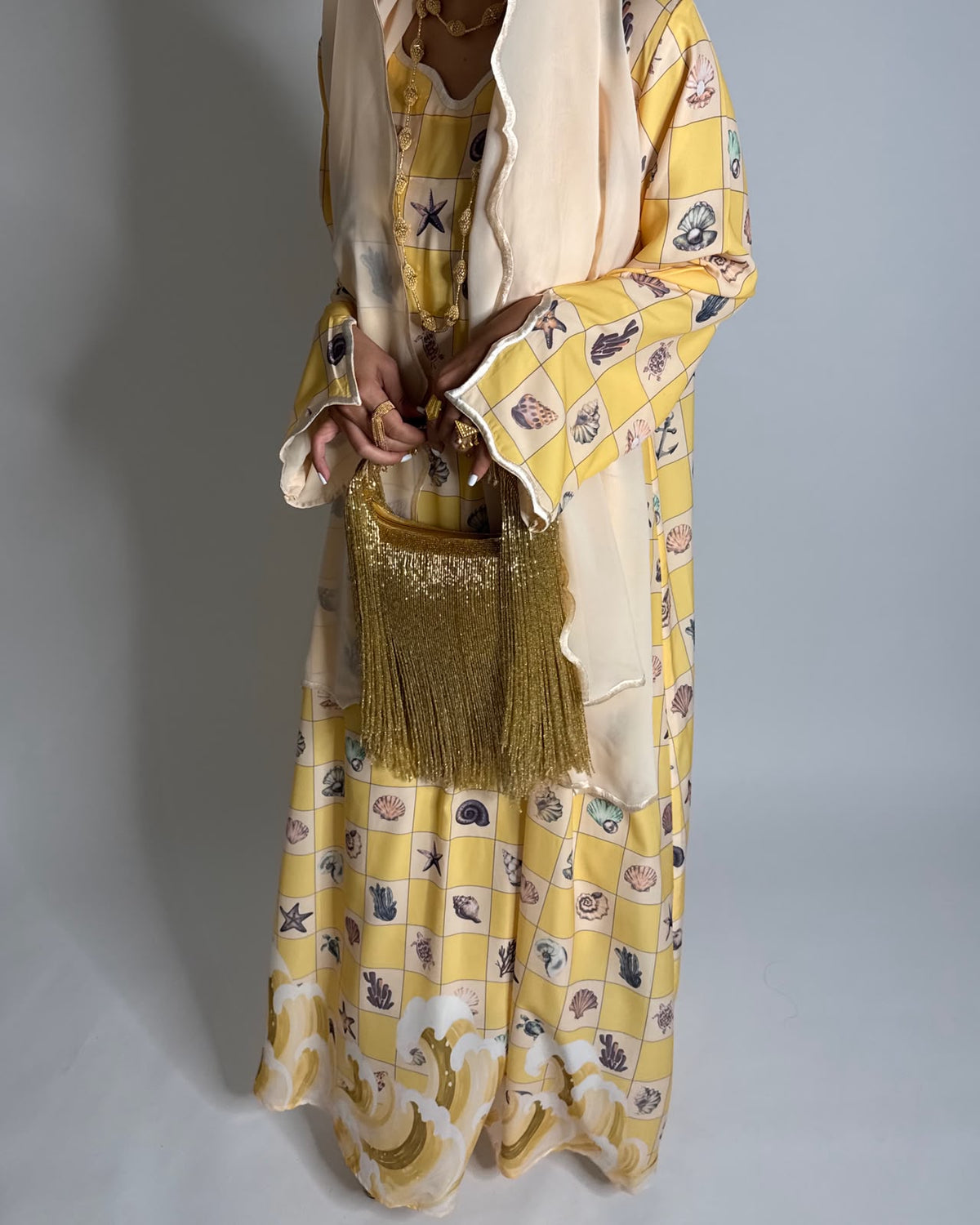 A680 - Shades of Yellow Waves Checkered Jalabiya & Matching Head Scarf