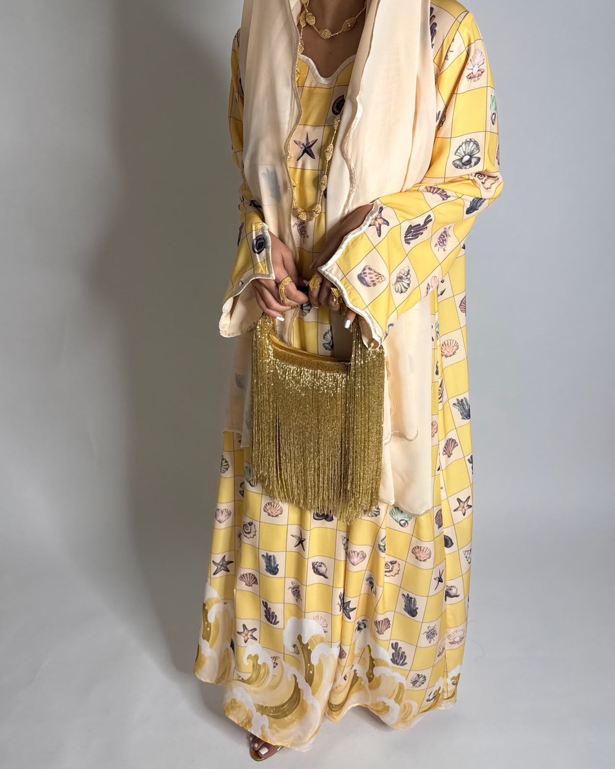 A680 - Shades of Yellow Waves Checkered Jalabiya & Matching Head Scarf