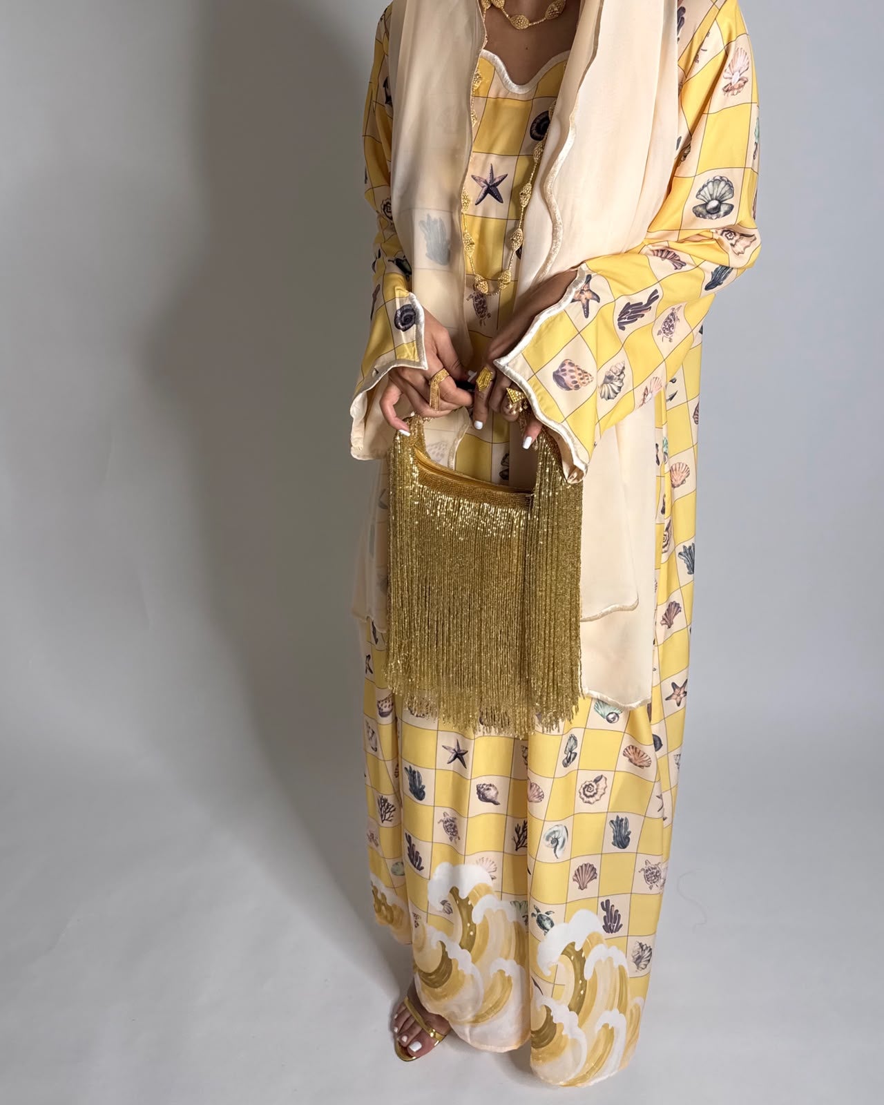 A680 - Shades of Yellow Waves Checkered Jalabiya & Matching Head Scarf