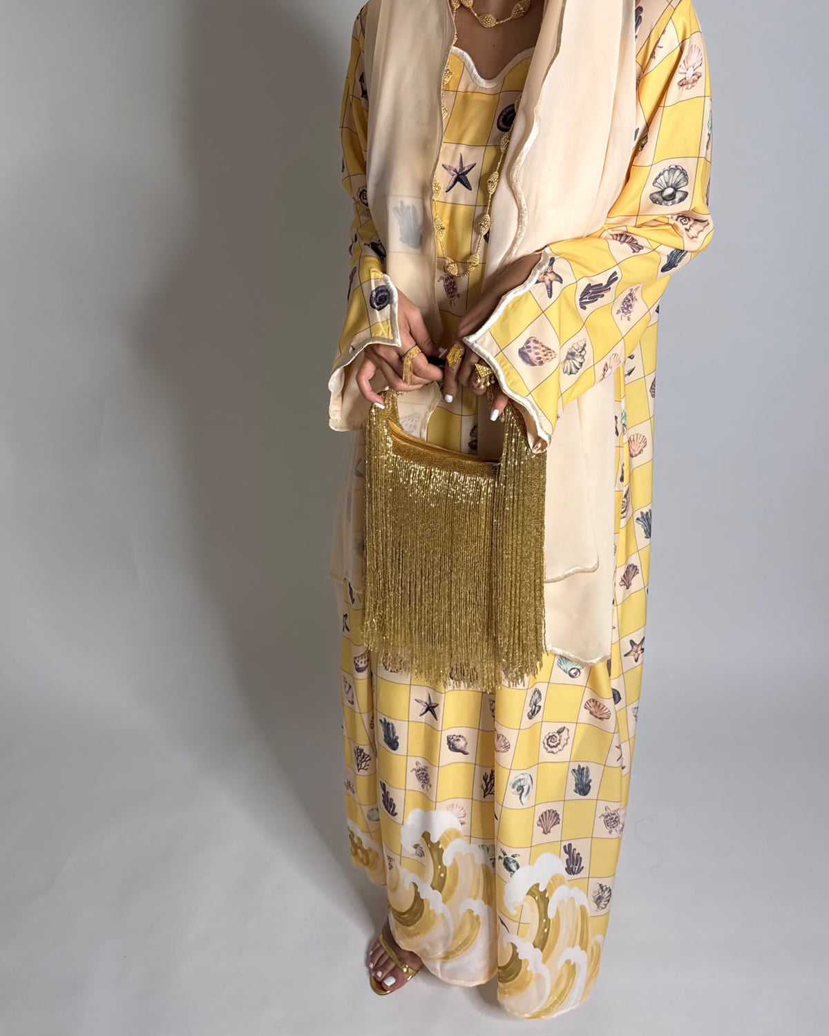 A680 - Shades of Yellow Waves Checkered Jalabiya & Matching Head Scarf