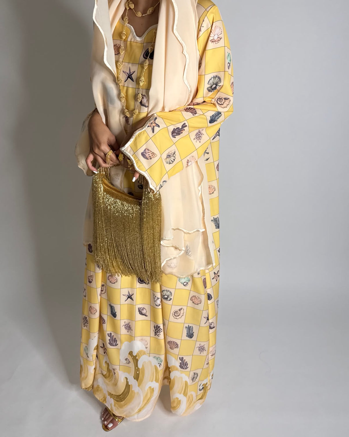 A680 - Shades of Yellow Waves Checkered Jalabiya & Matching Head Scarf
