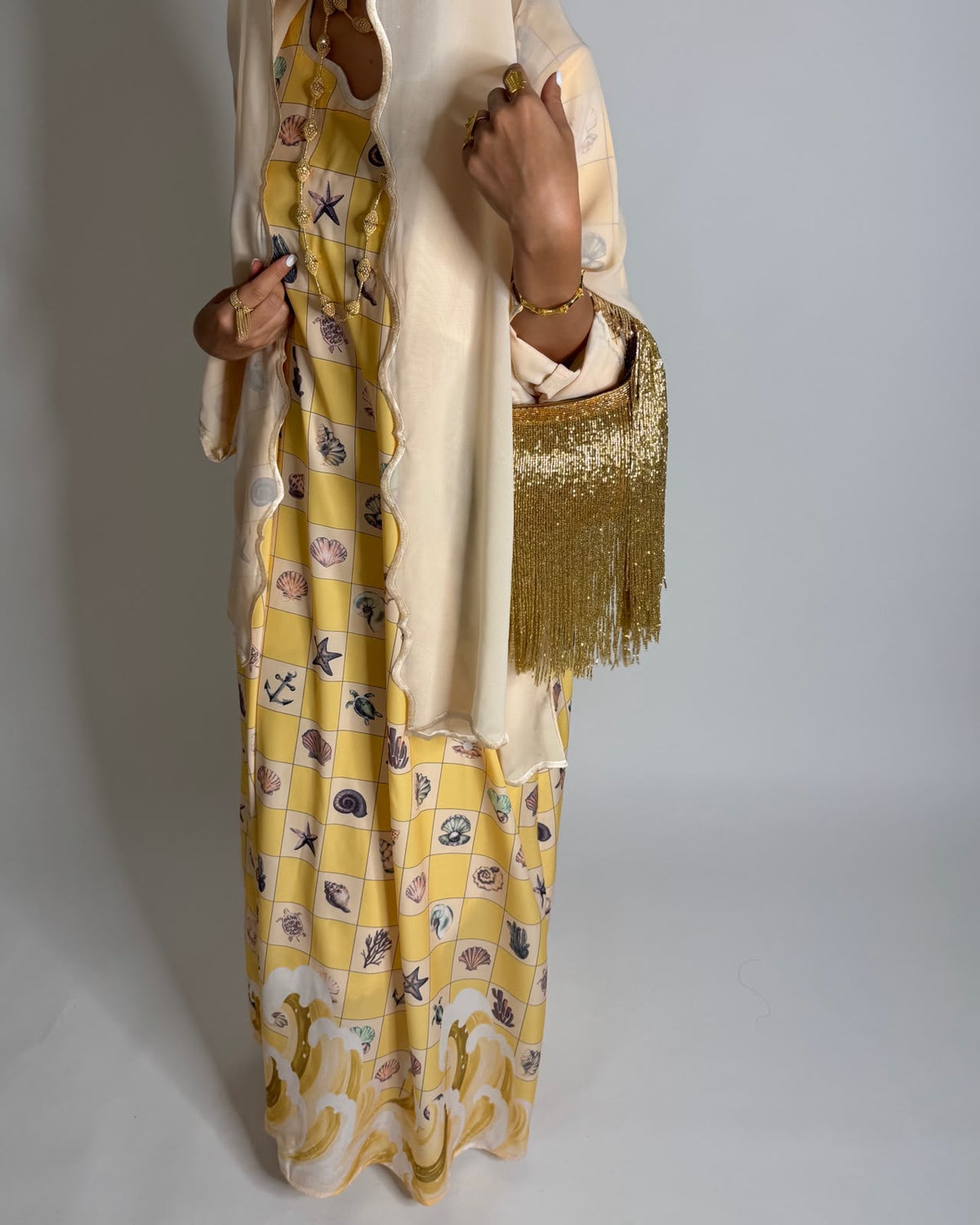 A680 - Shades of Yellow Waves Checkered Jalabiya & Matching Head Scarf