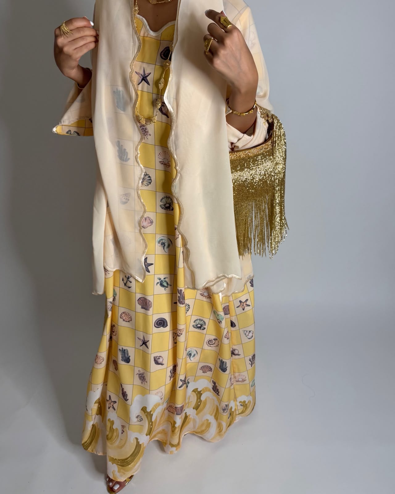 A680 - Shades of Yellow Waves Checkered Jalabiya & Matching Head Scarf