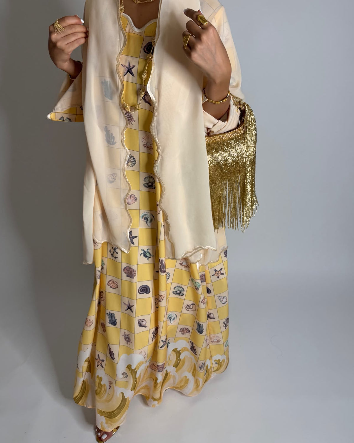 A680 - Shades of Yellow Waves Checkered Jalabiya & Matching Head Scarf