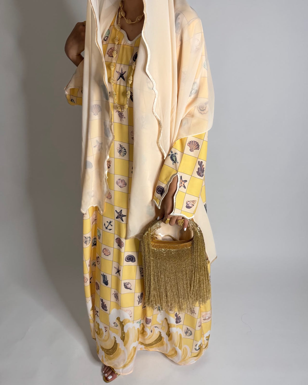 A680 - Shades of Yellow Waves Checkered Jalabiya & Matching Head Scarf