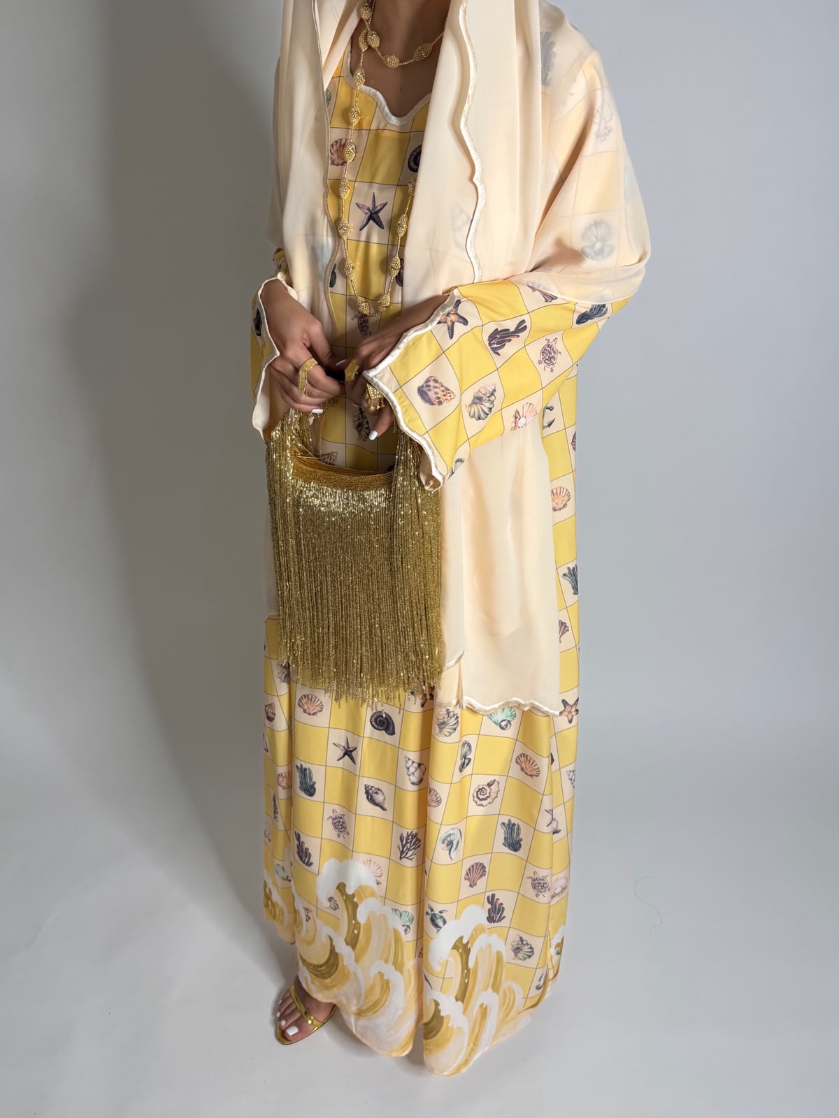 A680 - Shades of Yellow Waves Checkered Jalabiya & Matching Head Scarf
