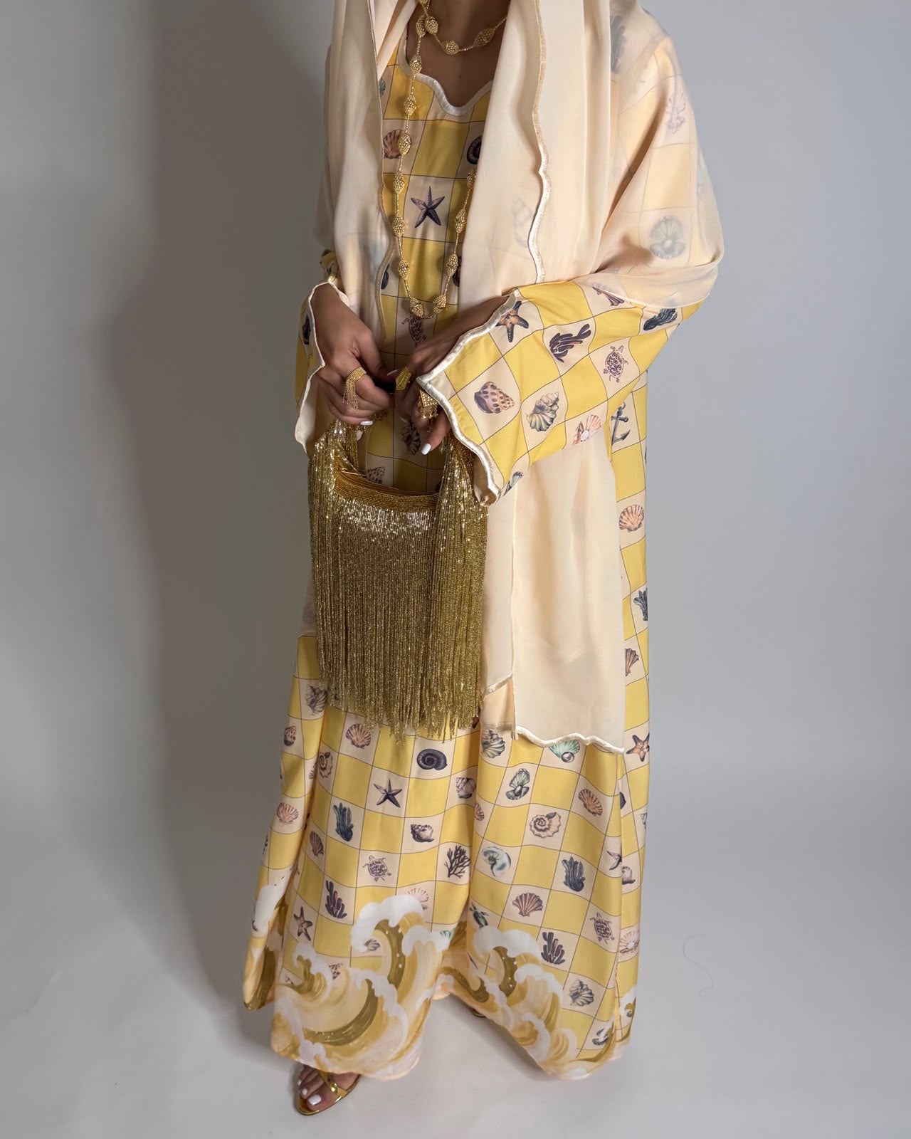A680 - Shades of Yellow Waves Checkered Jalabiya & Matching Head Scarf