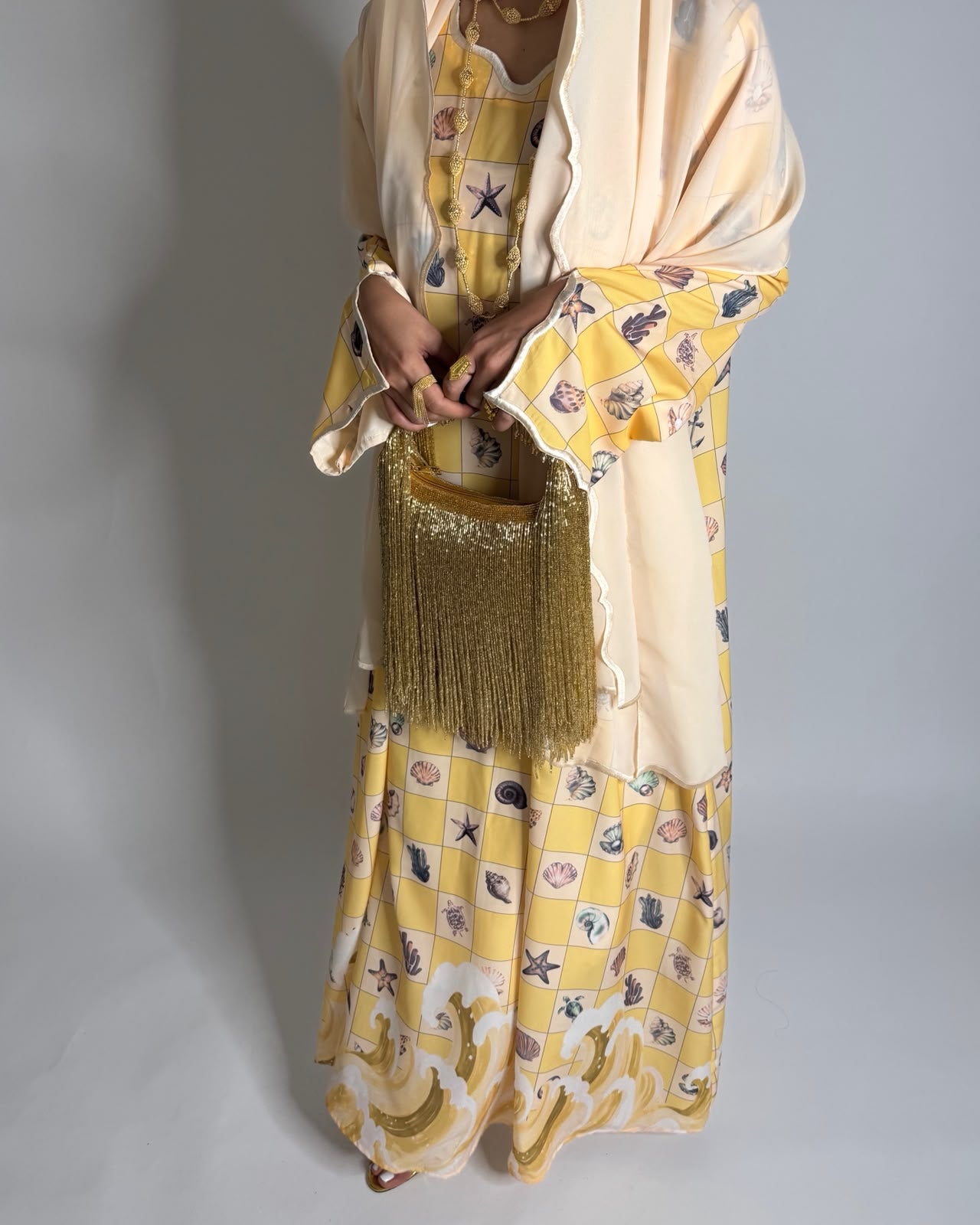 A680 - Shades of Yellow Waves Checkered Jalabiya & Matching Head Scarf