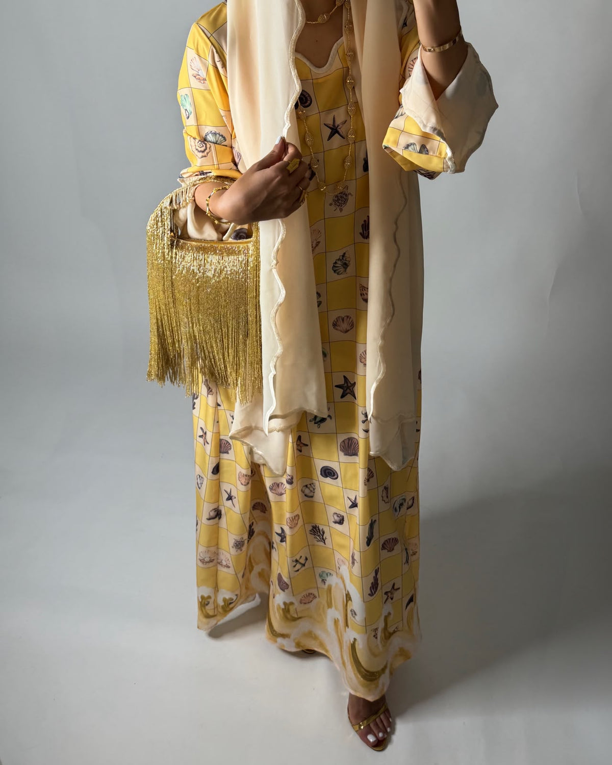 A680 - Shades of Yellow Waves Checkered Jalabiya & Matching Head Scarf