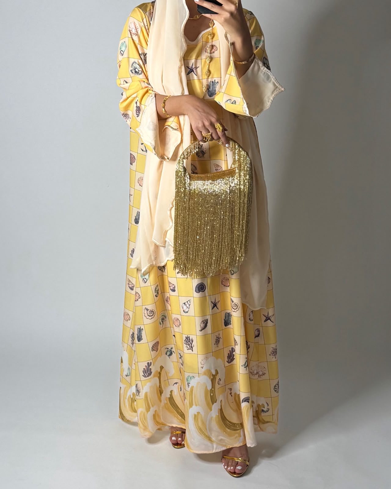A680 - Shades of Yellow Waves Checkered Jalabiya & Matching Head Scarf