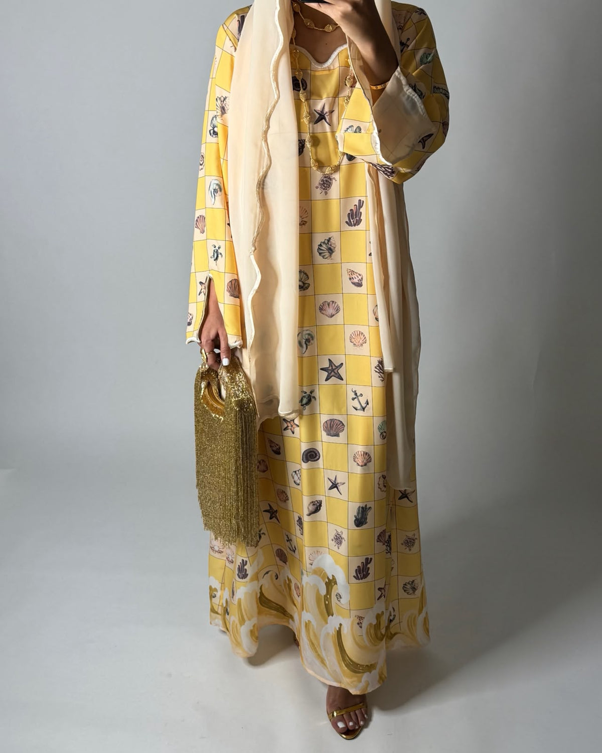 A680 - Shades of Yellow Waves Checkered Jalabiya & Matching Head Scarf