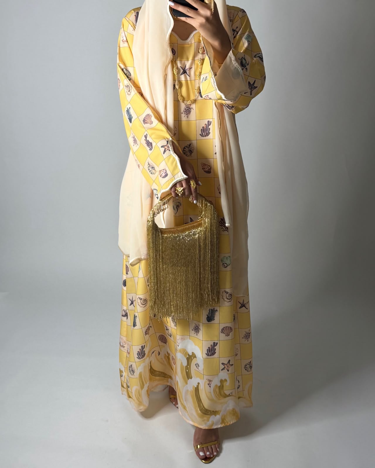 A680 - Shades of Yellow Waves Checkered Jalabiya & Matching Head Scarf